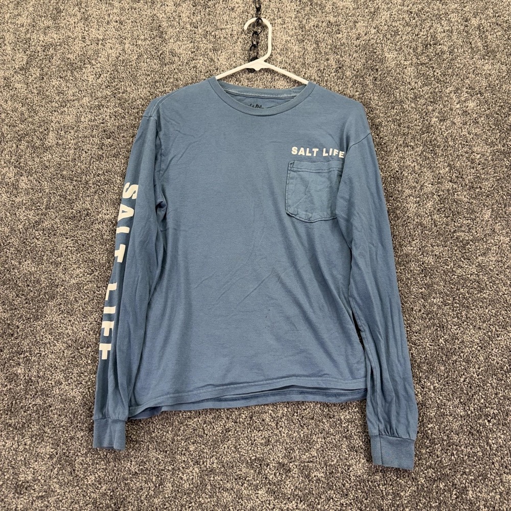 Salt Life Shirt Mens Small Blue Long Sleeve Live Salty Pocket Fishing Graphic